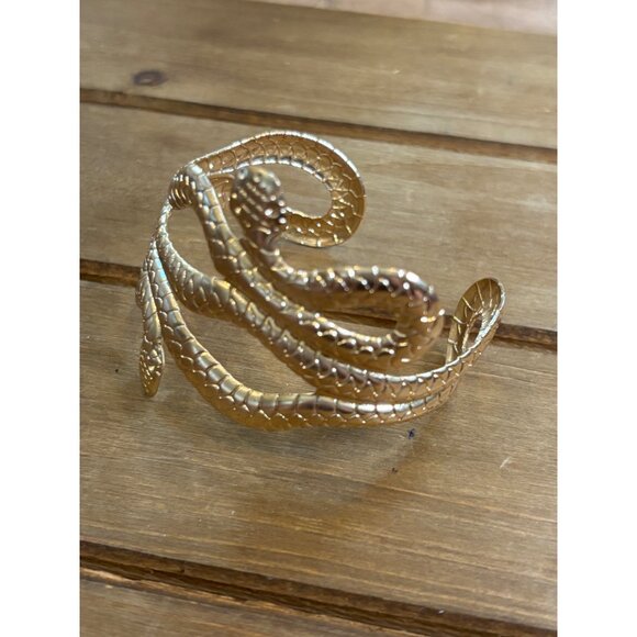 Gold Snake Cuff Bracelet Adjustable Size Textured Design - Picture 6 of 9